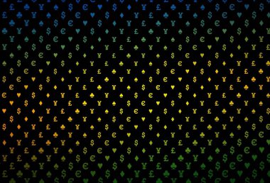 Dark purple, pink vector template with poker symbols. Shining illustration with hearts, spades, clubs, diamonds. Template for business cards of casinos.