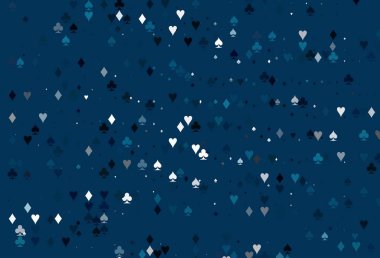 Kart elemanlarıyla hafif BLUE vektör düzeni. Renkli resimler, kalpler, maça, sinek, elmas. Kumarhanelerin kartvizitleri için şablon.