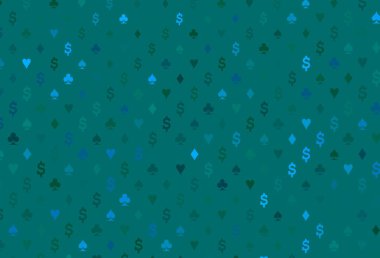 Light blue, green vector pattern with symbol of cards. Colored illustration with hearts, spades, clubs, diamonds. Template for business cards of casinos.