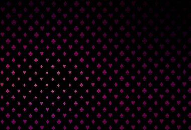 Kumarın sembolleriyle kaplanmış koyu mor bir vektör. Kalplerle, maça, sinek ve elmaslarla parlayan illüstrasyon. Poker oyunları ve etkinlikler broşürleri için desen.