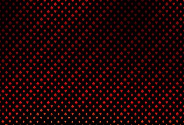 Koyu kırmızı vektör arka planı ve kart işaretleri. Kalplerle, maça, sinek ve elmaslarla parlayan illüstrasyon. Kumarhanelerin kartvizitleri için şablon.