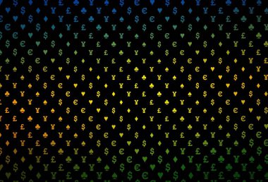 Dark black vector template with poker symbols. Illustration with set of hearts, spades, clubs, diamonds. Template for business cards of casinos.