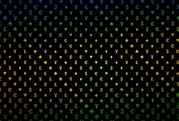 Koyu renkli, gökkuşağı vektör desenli, kart sembollü. Kalplerle, maça, sinek ve elmaslarla parlayan illüstrasyon. Kitapçıklar, kumarhanelerin broşürleri..