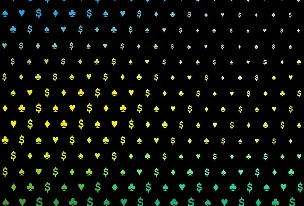 カードの要素と濃い青 黄色のベクトルレイアウト トランプの孤立したシンボルで抽象的なスケッチを光る ポーカーゲーム イベントのチラシのパターン — ストックベクタ