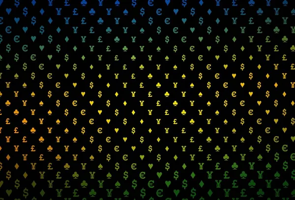 Dark black vector template with poker symbols. Illustration with set of hearts, spades, clubs, diamonds. Template for business cards of casinos.