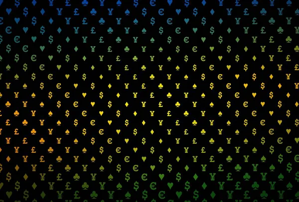 Koyu kırmızı, sarı vektör düzeni ve kart elemanları. Kalplerin, maça, sinek ve elmasların bulanık dekoratif tasarımı. Reklam, poster ve kumar siteleri için tasarım.