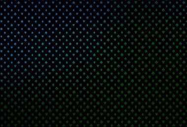 Koyu mavi, iskambil kağıtlı yeşil vektör dokusu. Kalplerle, maça, sinek ve elmaslarla parlayan illüstrasyon. Vegas 'ta parti ilanları, etkinlikler.