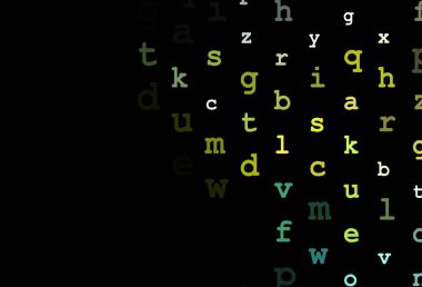 Koyu yeşil, alfabe işaretli sarı vektör arkaplan. Ayrı harflerle parlayan renkli bir illüstrasyon. Kalıp okul ve dil bilgisi siteleri için kullanılabilir.