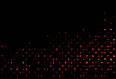 Koyu kırmızı, sarı vektör arkaplan ve kart işaretleri. Kupa, maça, sinek ve elmasların olduğu bir resim. Reklam, poster ve kumar siteleri için tasarım.