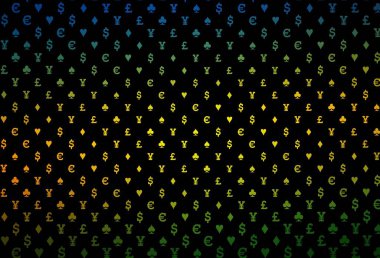 Poker sembollü koyu pembe, mavi vektör şablonu. Kalplerle, maça, sinek ve elmaslarla parlayan illüstrasyon. Poker oyunları ve etkinlikler broşürleri için desen.