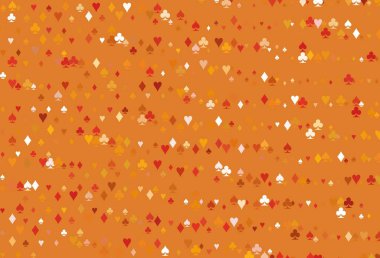 Light Red, Yellow vector pattern with symbol of cards. Illustration with set of hearts, spades, clubs, diamonds. Design for ad, poster, banner of gambling websites.