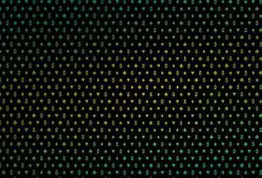 Dark green, yellow vector background with cards signs. Glitter abstract sketch with isolated symbols of playing cards. Pattern for ads of parties, events in Vegas.