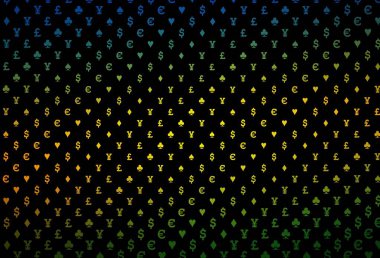 Koyu turuncu vektör dokusu ve iskambil kartları. Kalplerle, maça, sinek ve elmaslarla parlayan illüstrasyon. Kitapçıklar, kumarhanelerin broşürleri..