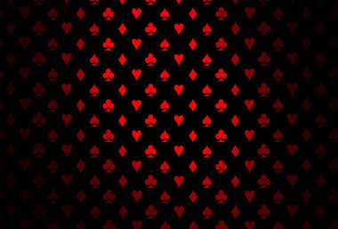 Koyu kırmızı vektör, kumar sembolleriyle kaplı. Renkli resimler, kalpler, maça, sinek, elmas. Kumarhanelerin kartvizitleri için şablon.