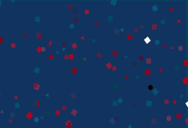 Açık mavi, kristalli kırmızı vektör şablonu, daireler, kareler. Renkli noktaları, çizgileri, küpleri olan soyut çizimler. İş ilanları, broşürler, broşürler için desen