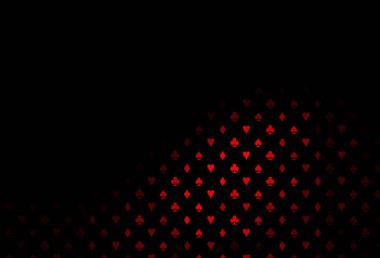 Koyu kırmızı vektör düzeni ve kart elemanları. Kalplerle, maça, sinek ve elmaslarla parlayan illüstrasyon. Kitapçıklar, kumarhanelerin broşürleri..