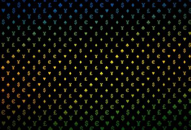 Koyu yeşil, kırmızı vektör desenli, kart sembollü. Kalplerle, maça, sinek ve elmaslarla parlayan illüstrasyon. Poker oyunları ve etkinlikler broşürleri için desen.