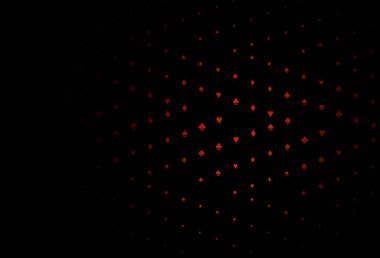 Poker sembollü koyu kırmızı vektör şablonu. Kalplerin, maça, sinek ve elmasların bulanık dekoratif tasarımı. Poker oyunları ve etkinlikler broşürleri için desen.