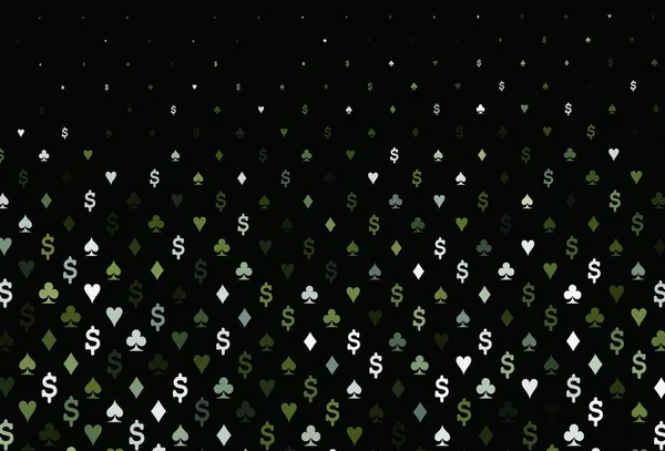 带有卡片符号的深绿色矢量图案 用一组心脏 钻石来说明 供赌场用的小册子和传单使用的模式 — 图库矢量图片