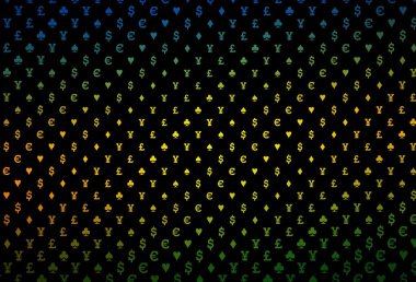 Koyu mor vektör düzeni ve kart elemanları. Kupa, maça, sinek ve elmasların olduğu bir resim. Poker oyunları ve etkinlikler broşürleri için desen.