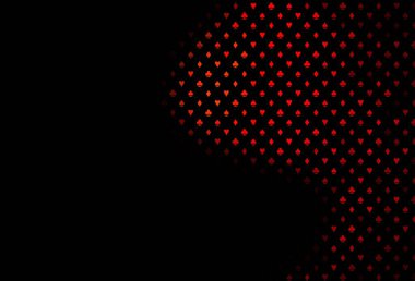 Kumarın sembolleriyle kaplanmış koyu kırmızı vektör. Kalplerin, maça, sinek ve elmasların işaretleriyle renkli bir değişim. Poker oyunları ve etkinlikler broşürleri için desen.