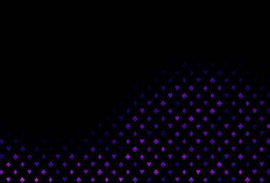 Kumarın sembolleriyle kaplanmış koyu mor bir vektör. Renkli resimler, kalpler, maça, sinek, elmas. Vegas 'ta parti ilanları, etkinlikler.