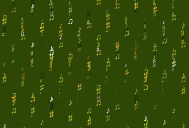 Açık yeşil, müzik notalı sarı vektör arkaplan. Soyut tarzda dekoratif tasarım ve müzik şekilleri. Festival broşürleri için desen.