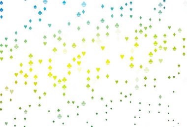 Açık mavi, kumar sembolleriyle sarı vektör örtüsü. Kupa, maça, sinek ve elmasların olduğu bir resim. Kumarhanelerin kartvizitleri için şablon.