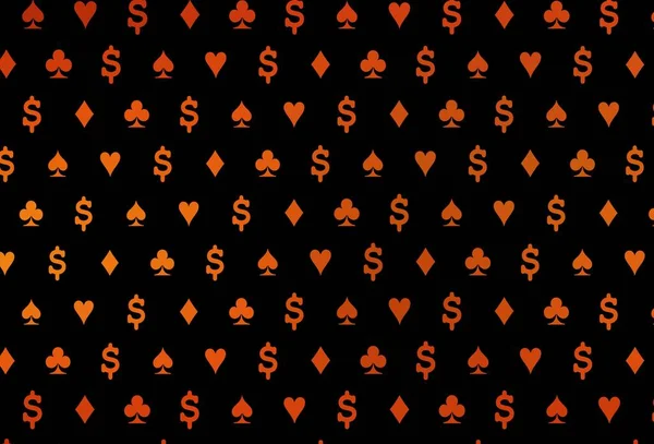カードサイン付きダークオレンジベクトルの背景 ハート スペード クラブ ダイヤモンドの兆候とカラフルなグラデーション ポーカーゲーム イベントのチラシのパターン — ストックベクタ