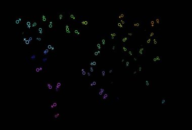 Koyu renkli, cinsiyet işaretli gökkuşağı vektör arkaplanı. Gradyan renkli erkek, soyut tarzda kız sembolleri. TV reklamları için basit tasarım.