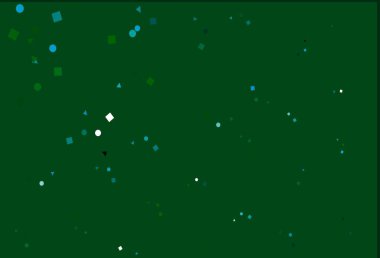 Açık mavi, yeşil vektör desenli, daireli, küplü. Soyut tarzda dekoratif tasarım, çizgiler, noktalar, küplerle. Reklamlar için desen.