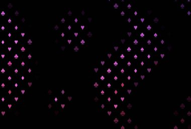 Koyu pembe vektör düzeni ve kart elemanları. Kupa, maça, sinek ve elmasların olduğu bir resim. Kumarhane reklamınız için akıllı tasarım.