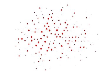 Poker sembollü açık kırmızı vektör şablonu. Kalplerle, maça, sinek ve elmaslarla parlayan illüstrasyon. Kumarhane reklamınız için akıllı tasarım.