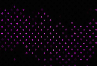 Koyu mor vektör desenli, kart sembollü. Kupa, maça, sinek ve elmasların olduğu bir resim. Kumarhanelerin kartvizitleri için şablon.