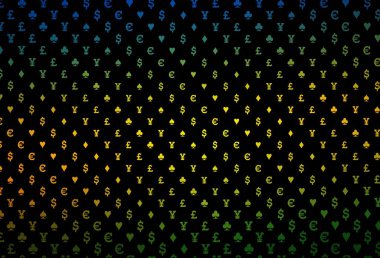 Koyu yeşil, kart işaretli sarı vektör arkaplan. Renkli resimler, kalpler, maça, sinek, elmas. Reklam, poster ve kumar siteleri için tasarım.