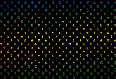 Koyu yeşil, kart elementleriyle birlikte sarı vektör düzeni. Kupa, maça, sinek ve elmasların olduğu bir resim. Reklam, poster ve kumar siteleri için tasarım.