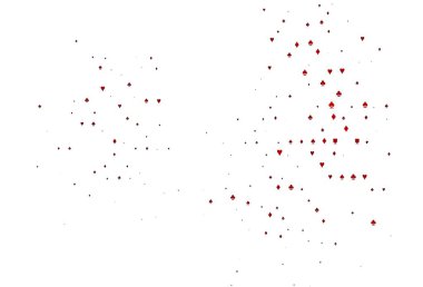 Açık kırmızı vektör, kumar sembolleriyle kaplı. Kalplerle, maça, sinek ve elmaslarla parlayan illüstrasyon. Vegas 'ta parti ilanları, etkinlikler.