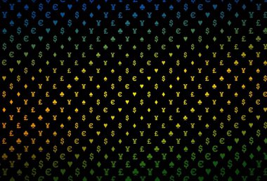 Koyu mavi, sarı vektör arkaplan ve kart işaretleri. Kupa, maça, sinek ve elmasların olduğu bir resim. Vegas 'ta parti ilanları, etkinlikler.