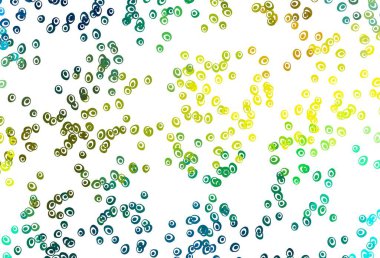 Açık mavi, benekli sarı vektör kapağı. Doğa tarzında renkli baloncuklu soyut illüstrasyon. Suyun deseni, yağmur damlaları.