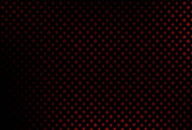 Koyu kırmızı vektör düzeni ve kart elemanları. Kalplerle, maça, sinek ve elmaslarla parlayan illüstrasyon. Reklam, poster ve kumar siteleri için tasarım.