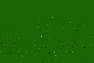 Kart sembollü açık yeşil vektör deseni. Oyun kartlarının izole sembollerine sahip soyut çizimler. Vegas 'ta parti ilanları, etkinlikler.