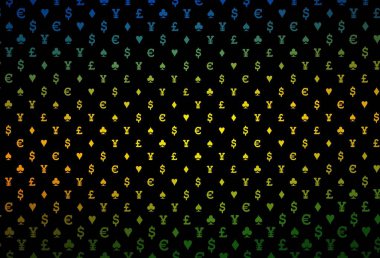 Kumarın sembolleriyle kaplanmış koyu mor bir vektör. Kupa, maça, sinek ve elmasların olduğu bir resim. Kumarhanelerin kartvizitleri için şablon.