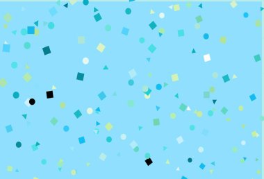 Açık mavi, daireli, çizgili, dikdörtgenli sarı vektör düzeni. Daireler, çizgiler, rengarenk eşkenar dörtgenler. İş ilanları, broşürler, broşürler için desen