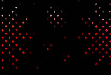 Koyu kırmızı vektör düzeni ve kart elemanları. Renkli resimler, kalpler, maça, sinek, elmas. Kitapçıklar, kumarhanelerin broşürleri..