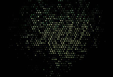 Koyu yeşil, üzerinde kumar sembolleri olan sarı vektör örtüsü. Kalplerle, maça, sinek ve elmaslarla parlayan illüstrasyon. Poker oyunları ve etkinlikler broşürleri için desen.