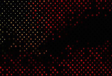 Koyu kırmızı arka plan ve kart işaretleri. Kalplerin, maça, sinek ve elmasların bulanık dekoratif tasarımı. Kitapçıklar, kumarhanelerin broşürleri..