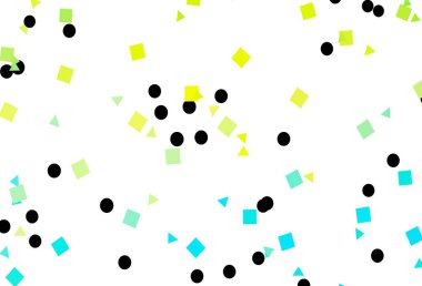 Açık mavi, sarı vektör arkaplanı çizgiler, daireler, eşkenar dörtgenler. Soyut tarzda dekoratif tasarım, çizgiler, noktalar, küplerle. Reklamınız, posteriniz, afişiniz için en iyi tasarım.