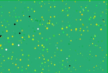 Açık yeşil, daireli, çizgili, dikdörtgenli sarı vektör düzeni. Küreler, kareler ve çizgilerle soyut çizimler. Duvar kağıtları için şablon.