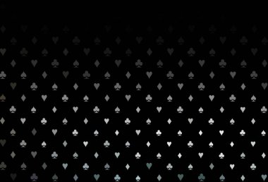Poker sembollü koyu siyah vektör şablonu. Oyun kartlarının izole sembollerine sahip soyut çizimler. Poker oyunları ve etkinlikler broşürleri için desen.
