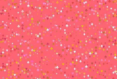 Açık Pembe, kart işaretli sarı vektör arkaplanı. Kalplerin, maça, sinek ve elmasların bulanık dekoratif tasarımı. Reklam, poster ve kumar siteleri için tasarım.